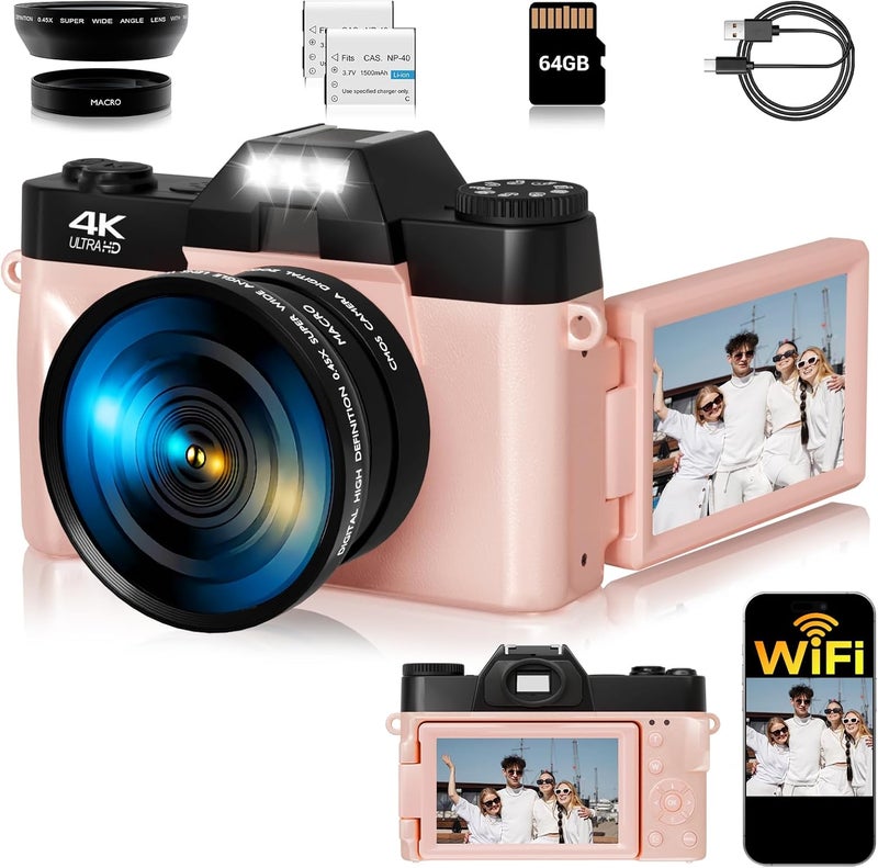 SMARTKLIK Store كاميرا رقمية، FHD 4K 75MP كاميرا فيديو للمدونات مع شاشة قابلة للطي 3'' 180°، بطاقة SD سعة 64GB، زوم رقمي 16x، بطاريتين، كاميرا رقمية للمبتدئين (وردي) - Image 1